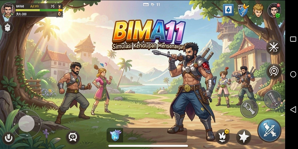 Screenshot utama BIMA11 menampilkan pemain berinteraksi dalam gameplay simulasi yang seru.