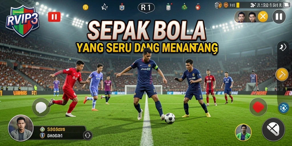 Screenshot gameplay RVIP3 yang menunjukkan aksi seru di lapangan sepak bola.