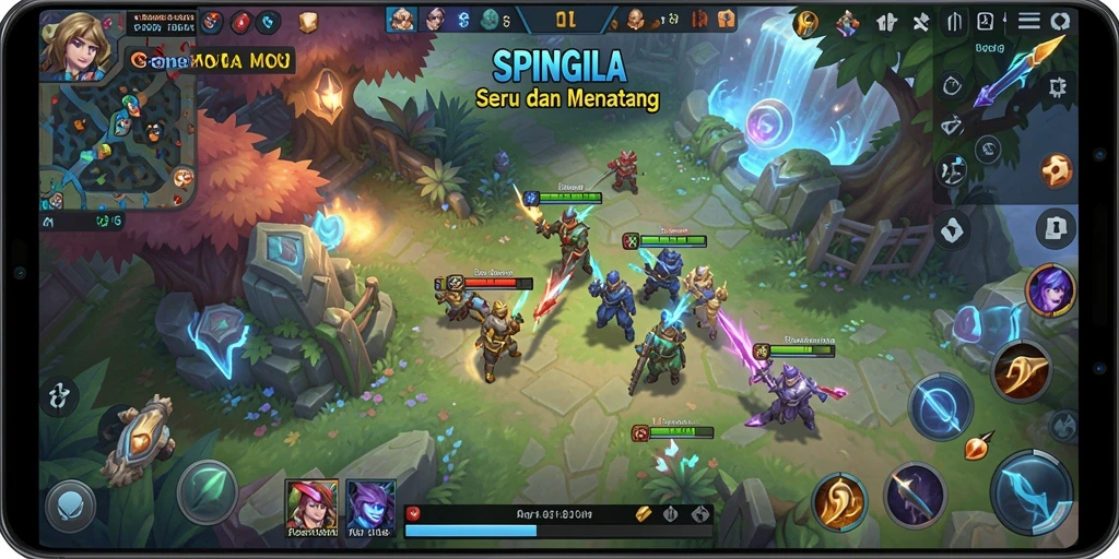 Screenshot gameplay SPINGILA memperlihatkan aksi seru dalam pertarungan MOBA.