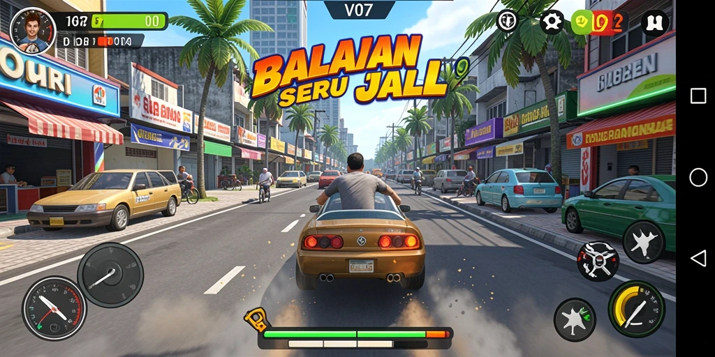 Tampilan gambar balapan seru dalam V07 dengan mobil sport.